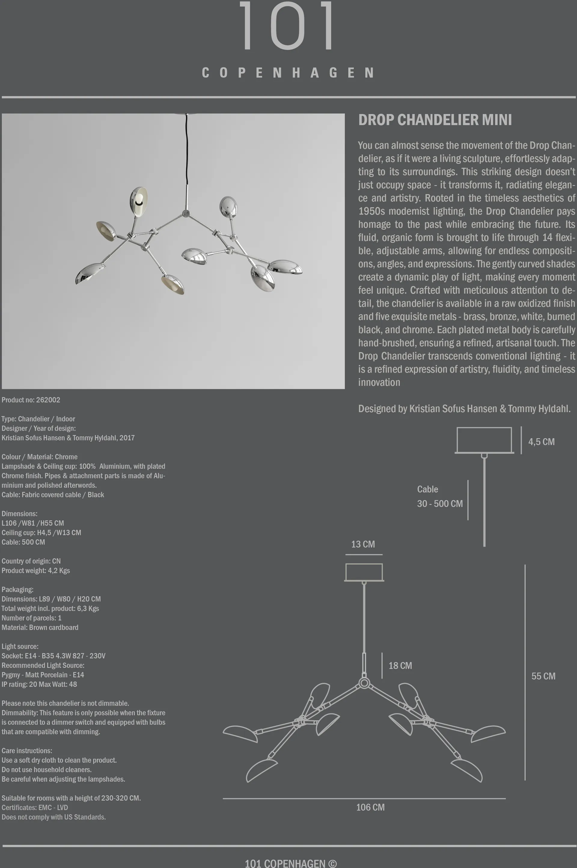 Drop Chandelier takkrona mini, Chrome 101 Copenhagen