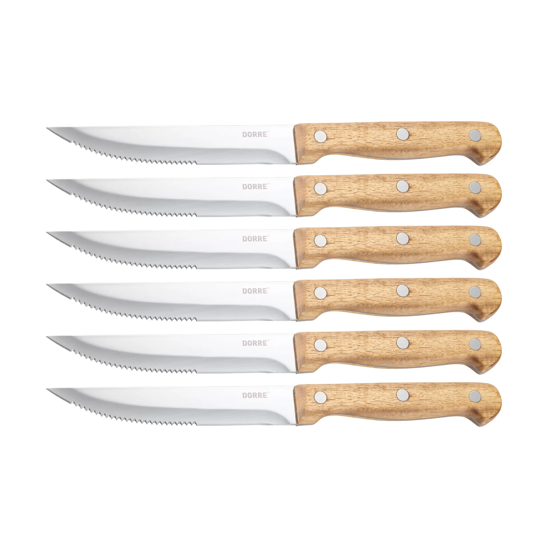 BBQ stekkniv, Rostfritt stål, 6-pack, trälåda akacia, 22,5x2 cm Dorre