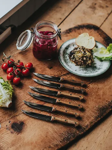 BBQ stekkniv - Rostfritt stål, 6-pack, trälåda akacia, 22,5x2 cm - Dorre