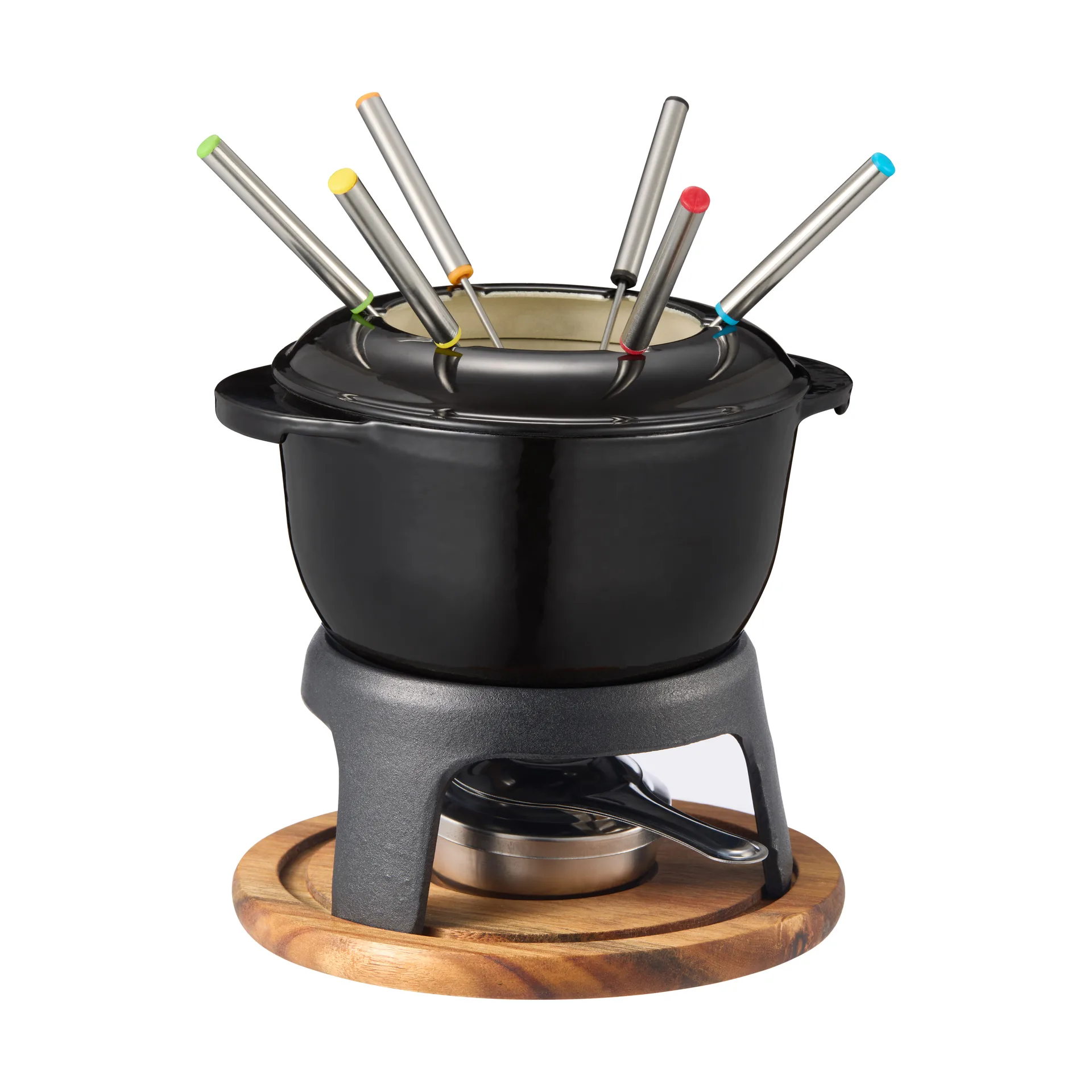 Foni Fondue gjutjärn emaljerad 21*18,4*9,8 cm, Svart-akacia träplatta Dorre