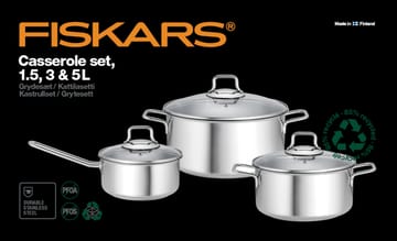 Fiskars gryt- & kastrullset med glaslock 3 delar - Rostfritt stål - Fiskars