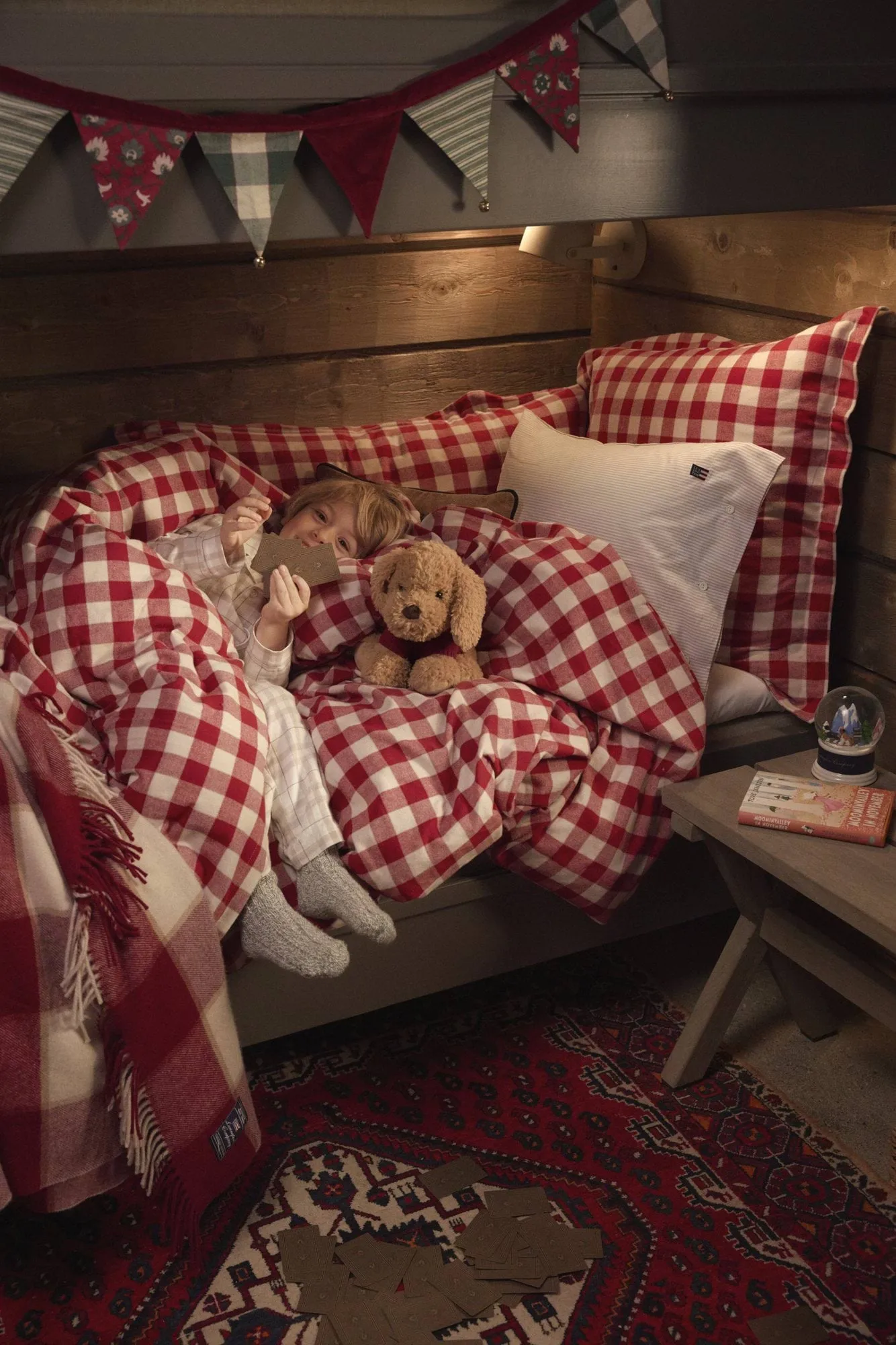 Checked cotton flannel bäddset, Red-light beige, 50x60 cm/150x210 cm Lexington