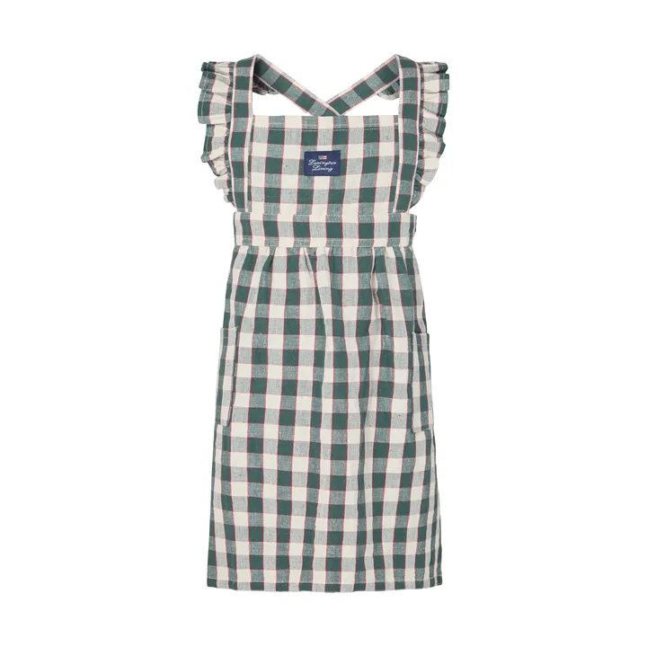 Checked cotton linen barnförkläde - Green-Light beige-red, 4-6 år - Lexington