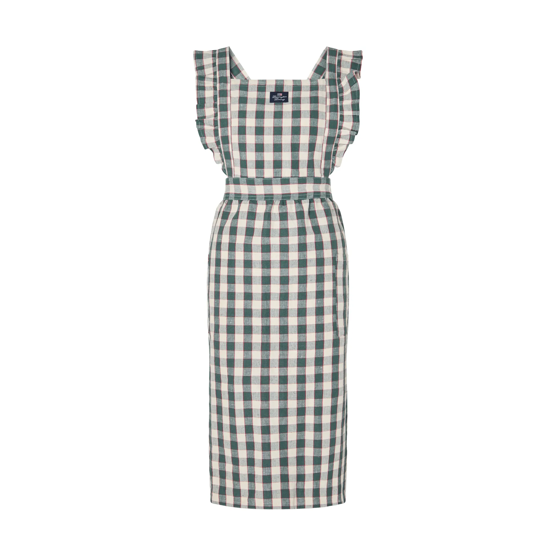 Checked cotton linen förkläde, Green-Light beige-red Lexington