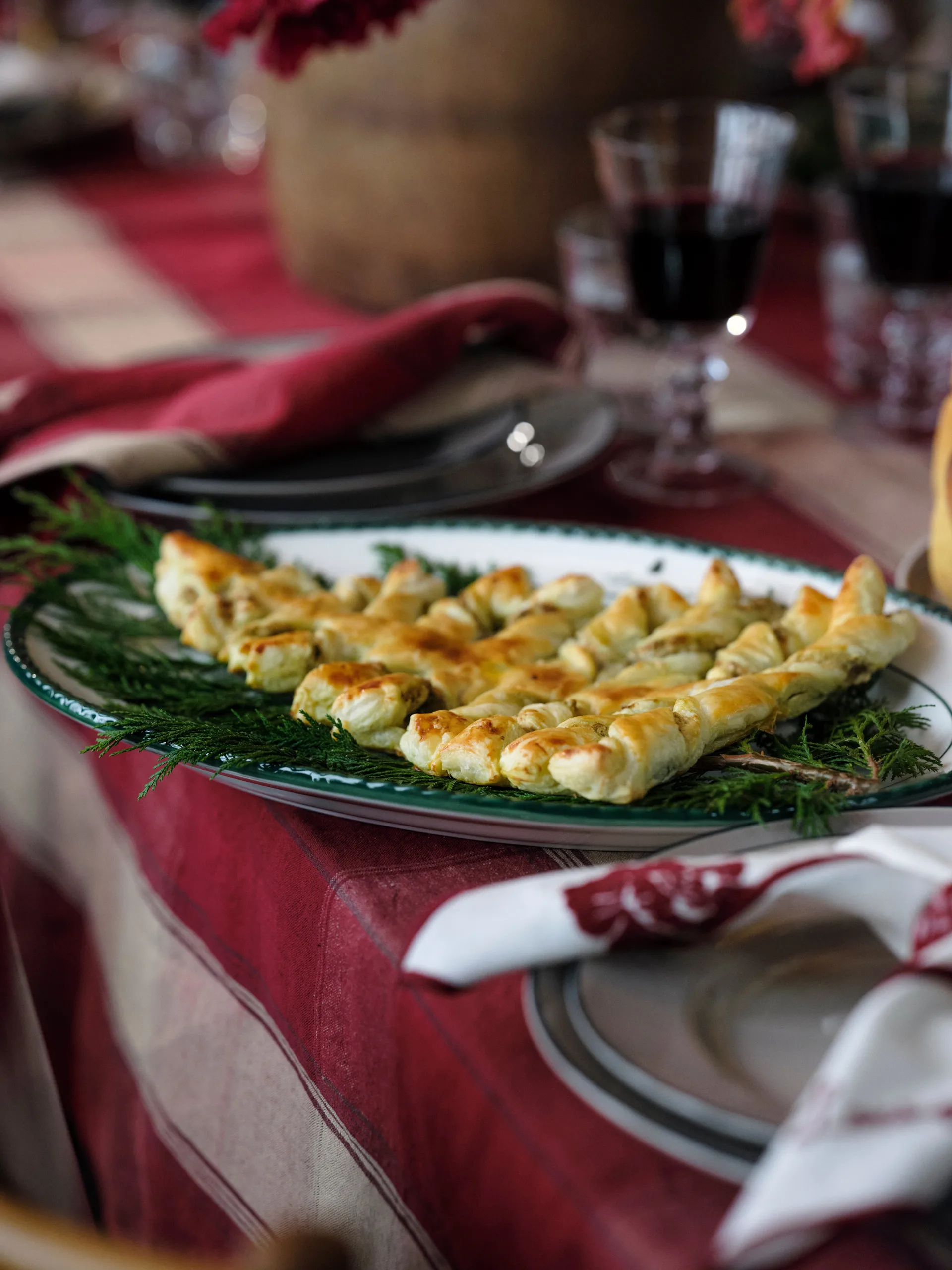 Checked linen-cotton bordsduk 150x250 cm, Röd-beige Lexington