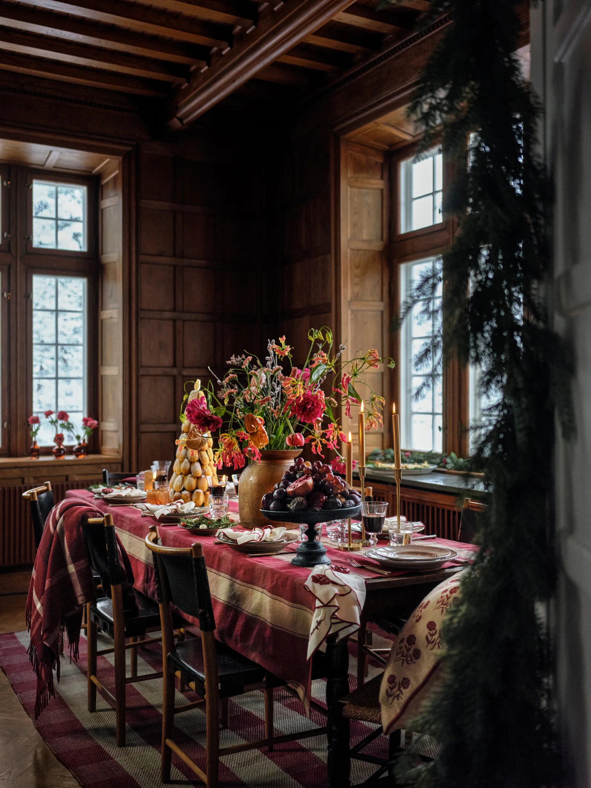 Checked linen-cotton bordsduk 150x350 cm, Röd-beige Lexington