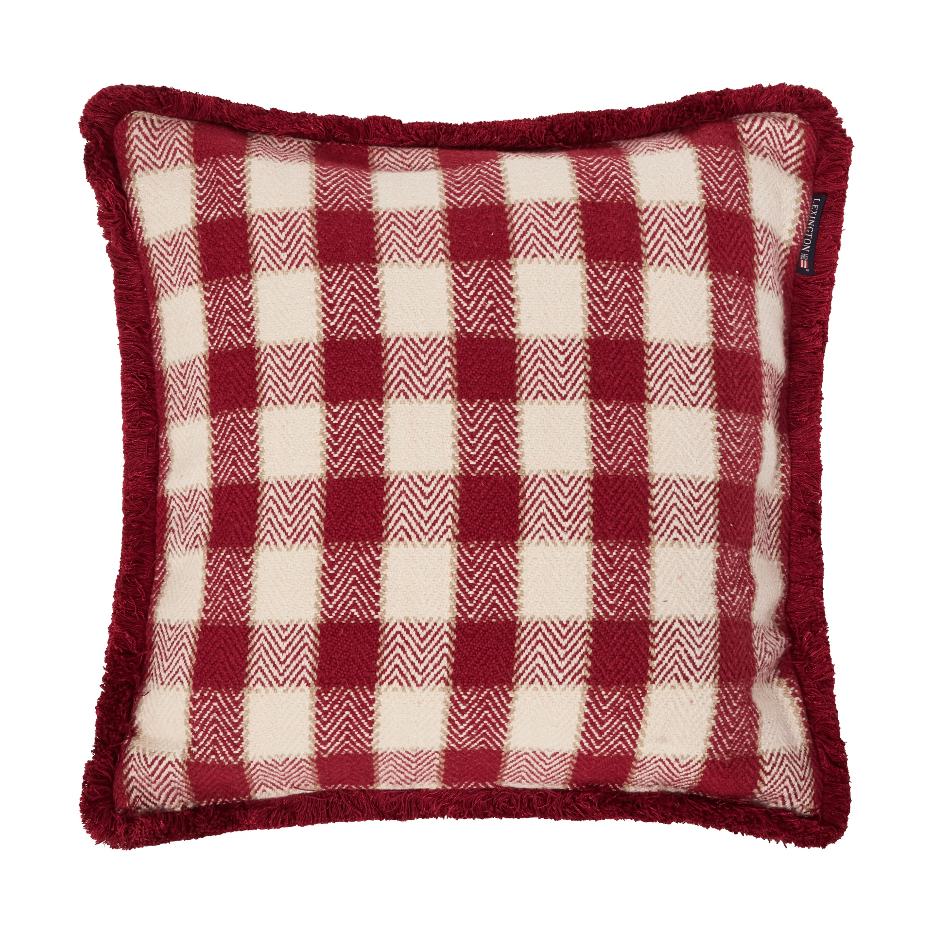 Checked organic cotton fringe kuddfodral, Red-light beige-beige Lexington