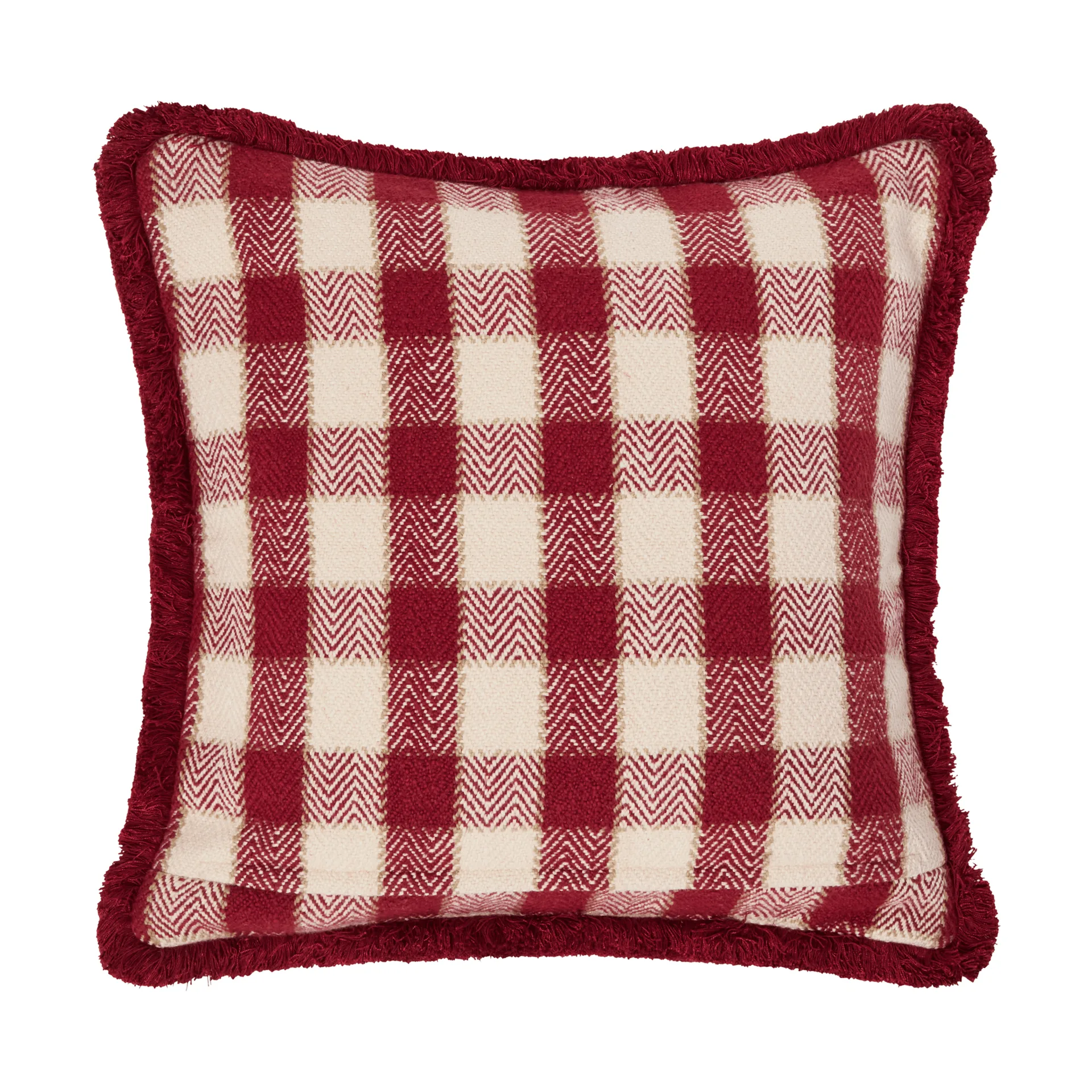 Checked organic cotton fringe kuddfodral, Red-light beige-beige Lexington