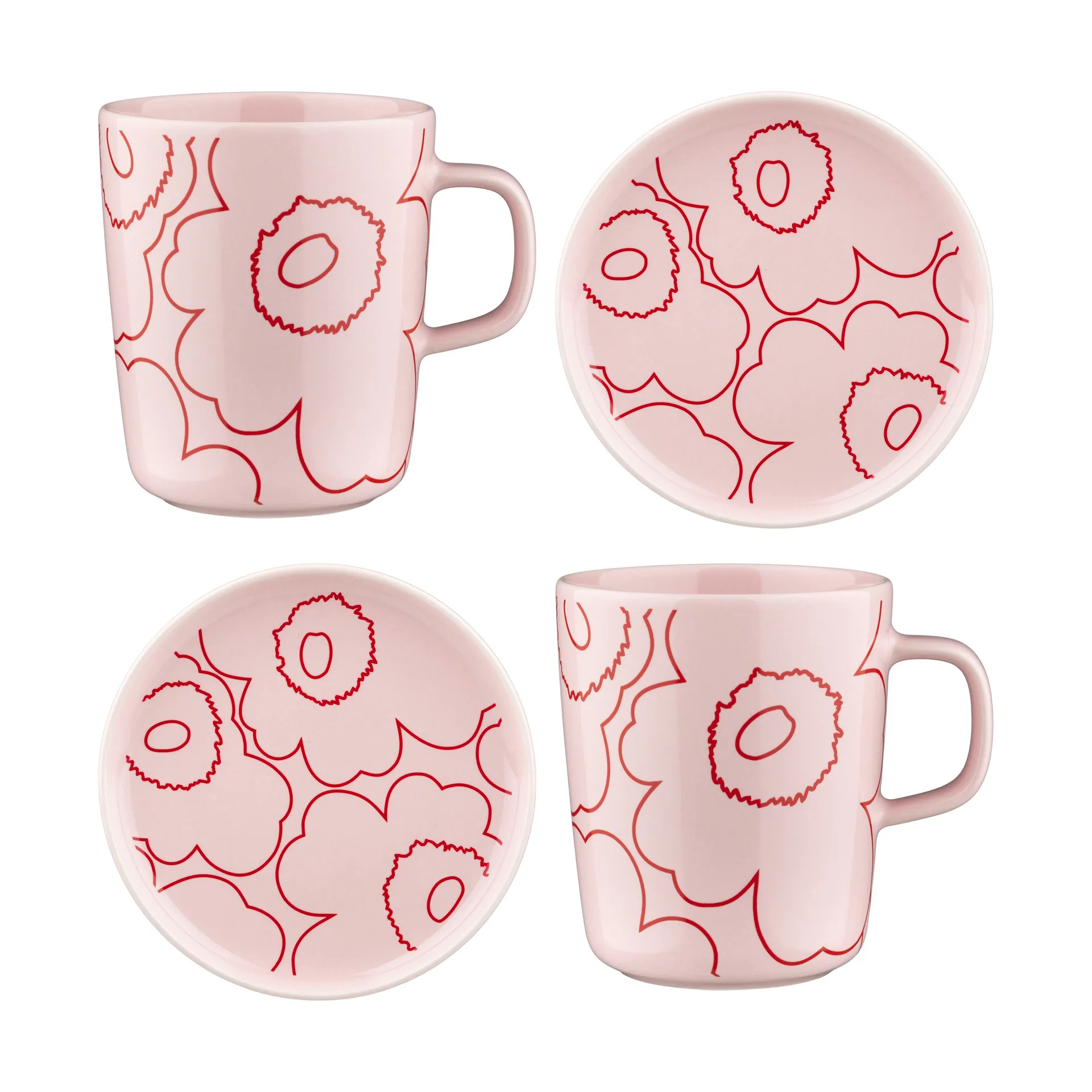 Piirto Unikko Oiva kopp 25 cl och fat Ø13,5 cm 4 delar, Rosa Marimekko