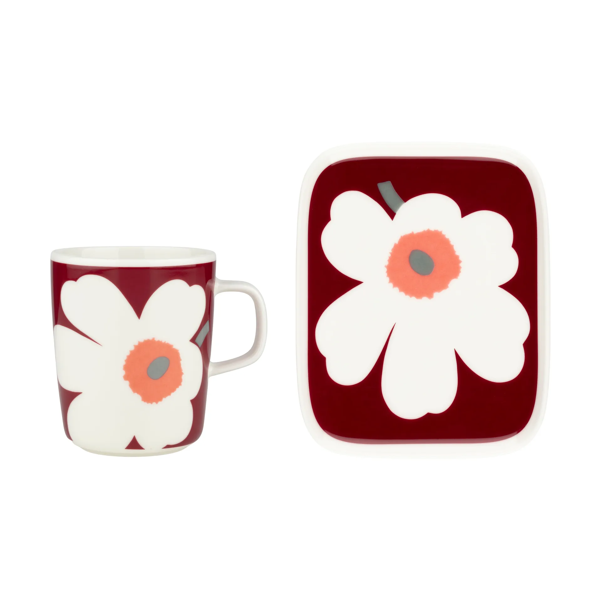 Unikko 60-årsjubileum mugg 25 cl+tallrik 12x15 cm, White-dark cherry-ash grey Marimekko