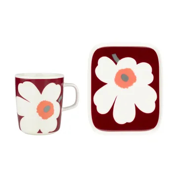 Marimekko Unikko 60-årsjubileum mugg 25 cl+tallrik 12×15 cm White-dark cherry-ash grey