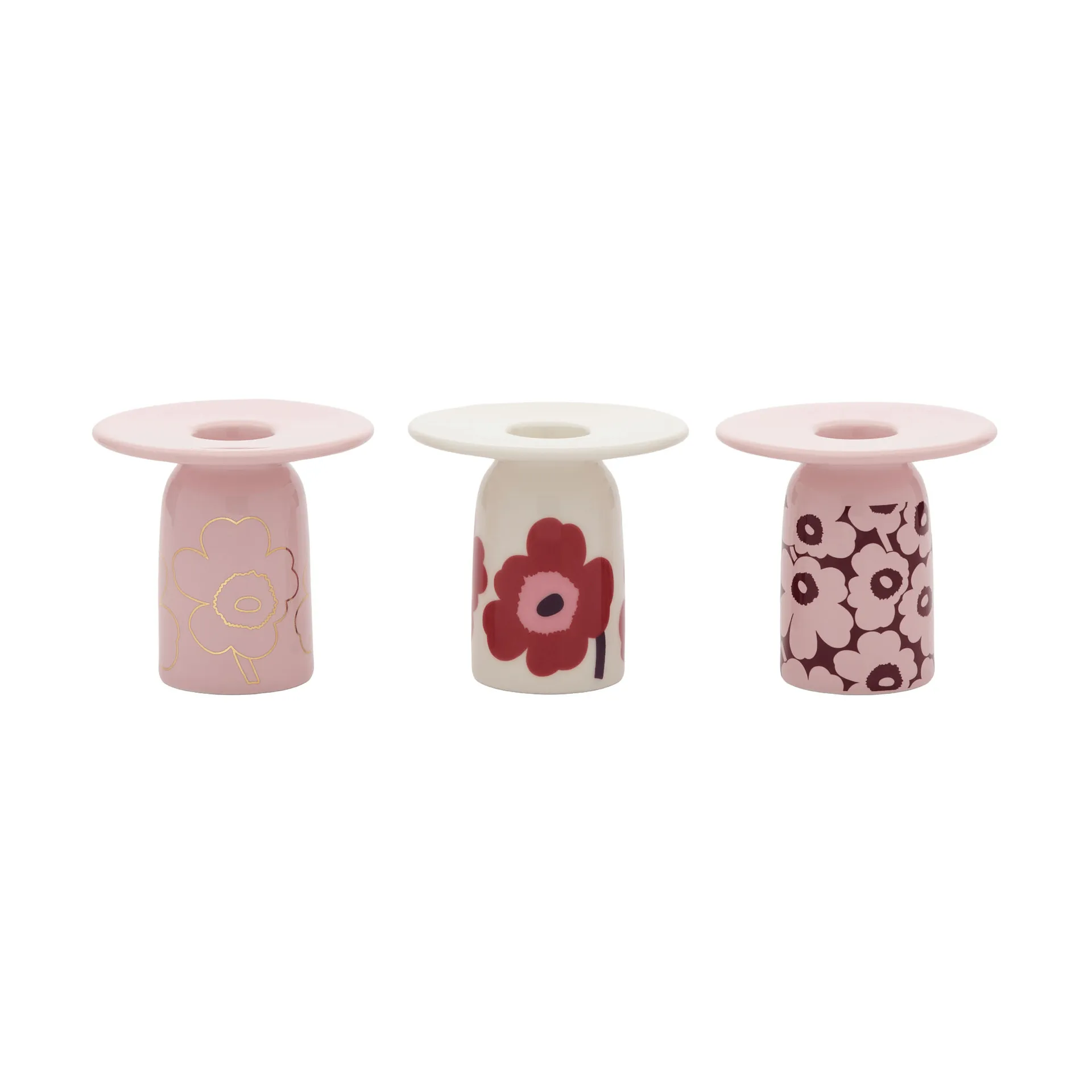 Marimekko Unikko ljusstake Pink-white-burgundy-gold, 3-delar