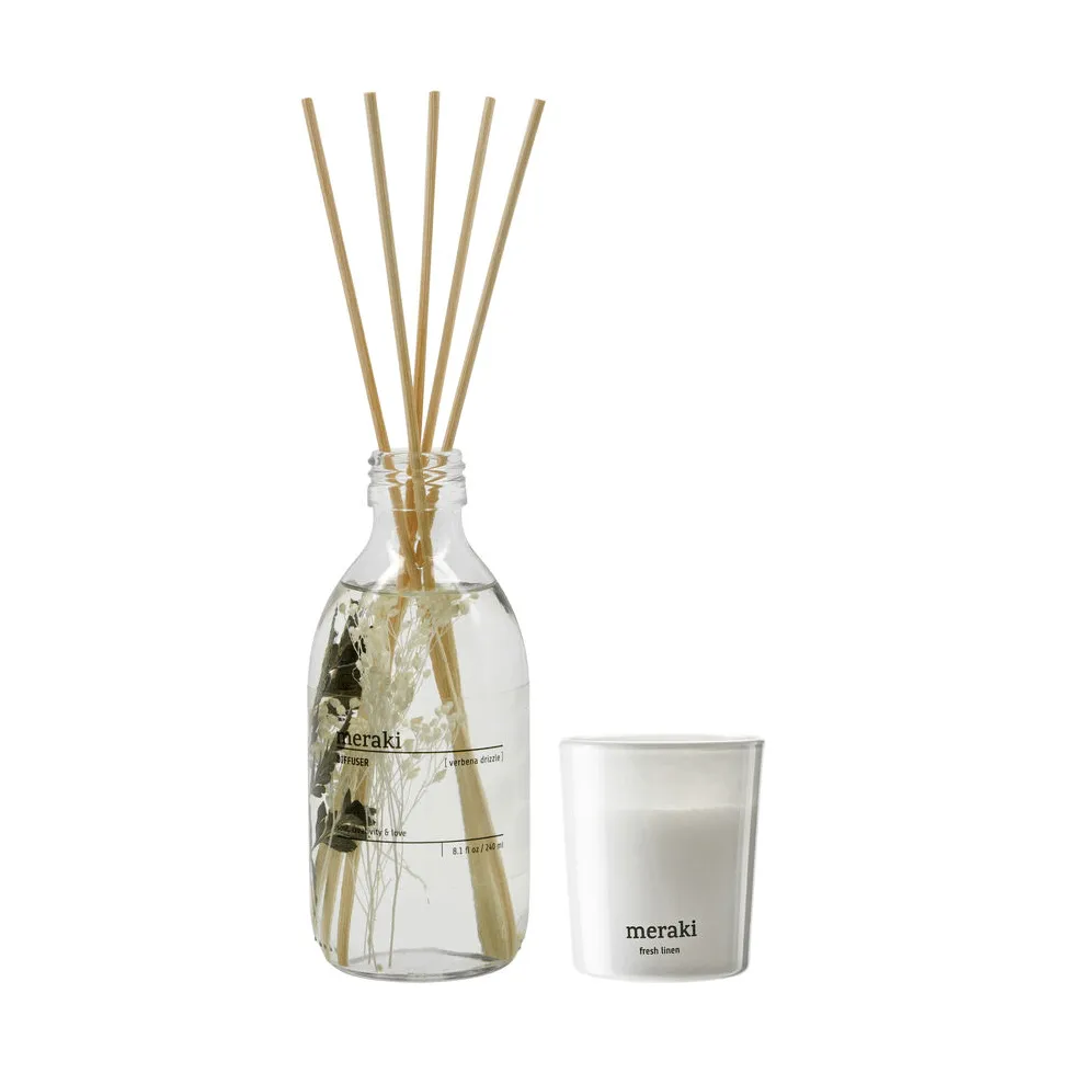 Meraki gåvoset doftpinnar och doftljus, Verbena drizzle-fresh linen Meraki