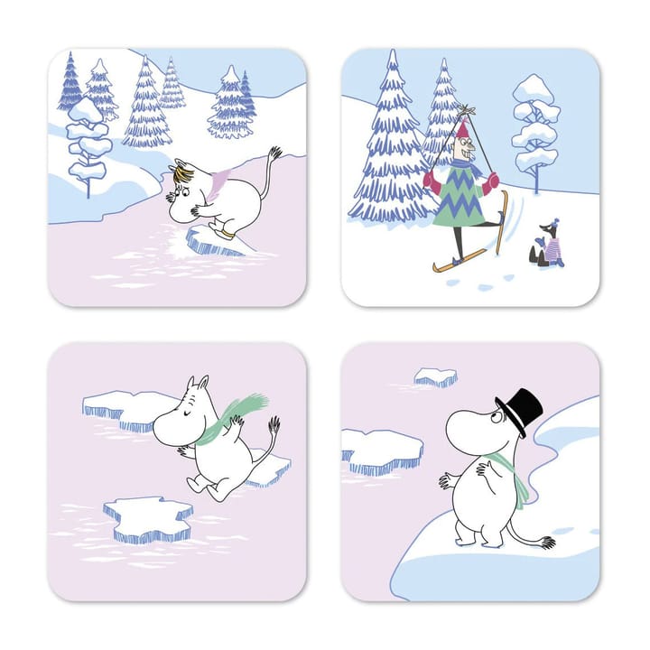 Mumin glasunderlägg vinter 2022 9x9 cm 4-pack - Blå-vit-rosa - Opto Design