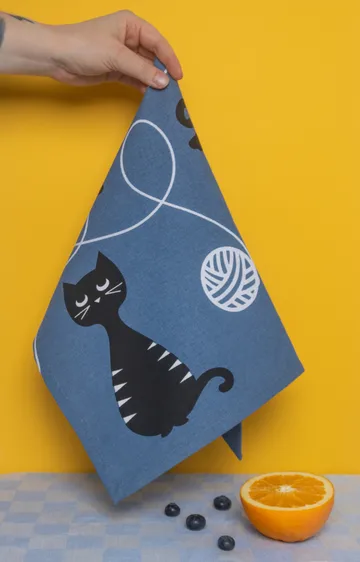 Kattfamiljen kökshandduk 50x70 cm - Blå-svart-vit - Pluto Design
