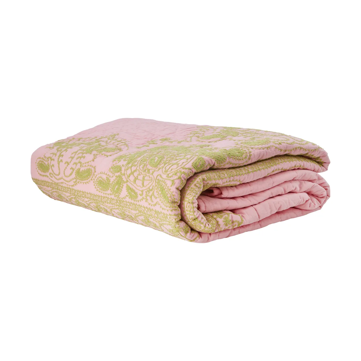 Alternativ bild 0 för Rice - Cotton Quilt Bedspread in Soft Pink with Green Embroidery