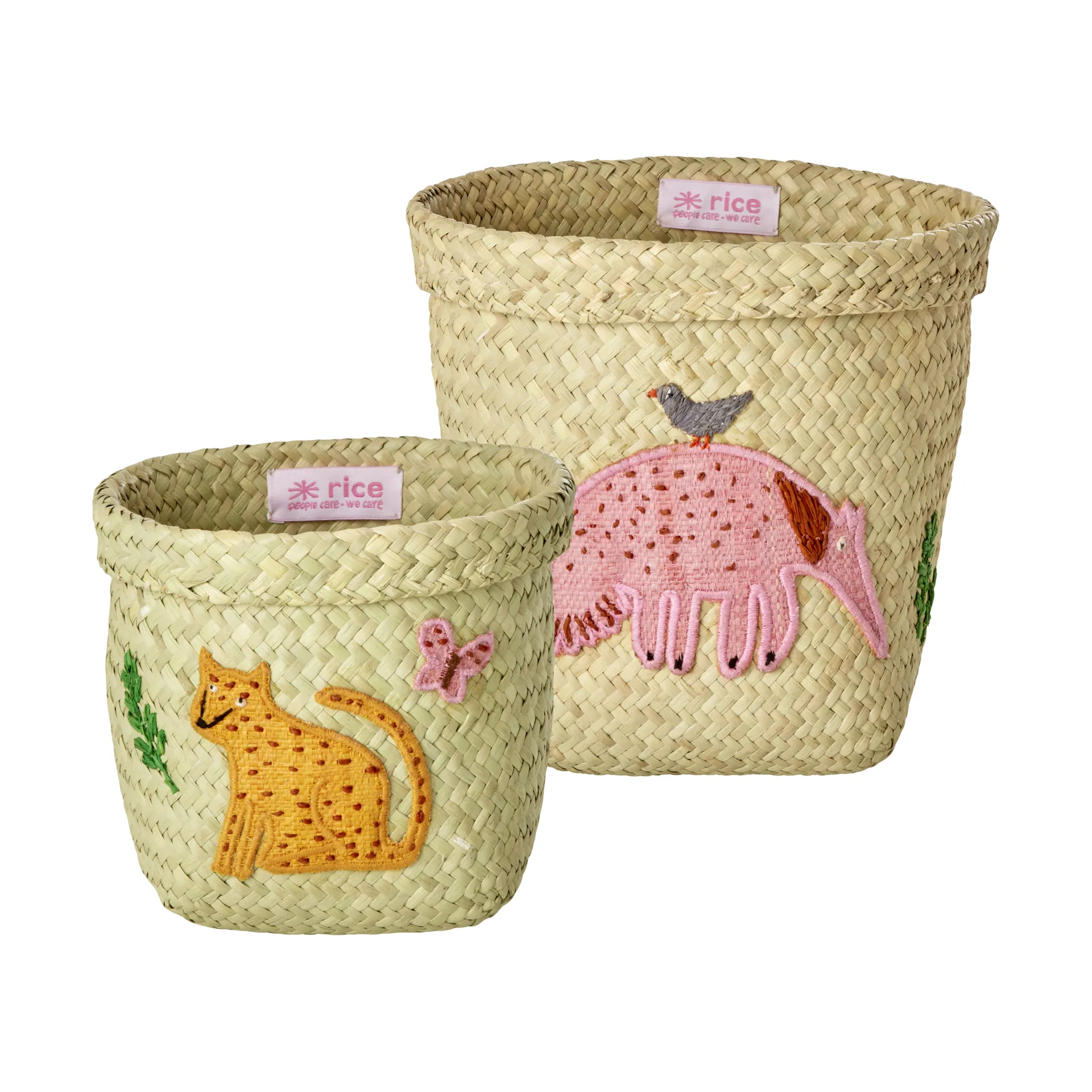 Rice raffia förvaringskorg rund 2 delar, Animal Embroidery-Pink-orange RICE