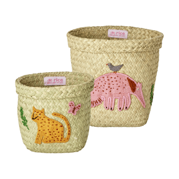RICE Rice raffia förvaringskorg rund 2 delar Animal Embroidery-Pink-orange