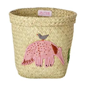 Rice raffia förvaringskorg rund 2 delar - Animal Embroidery-Pink-orange - RICE