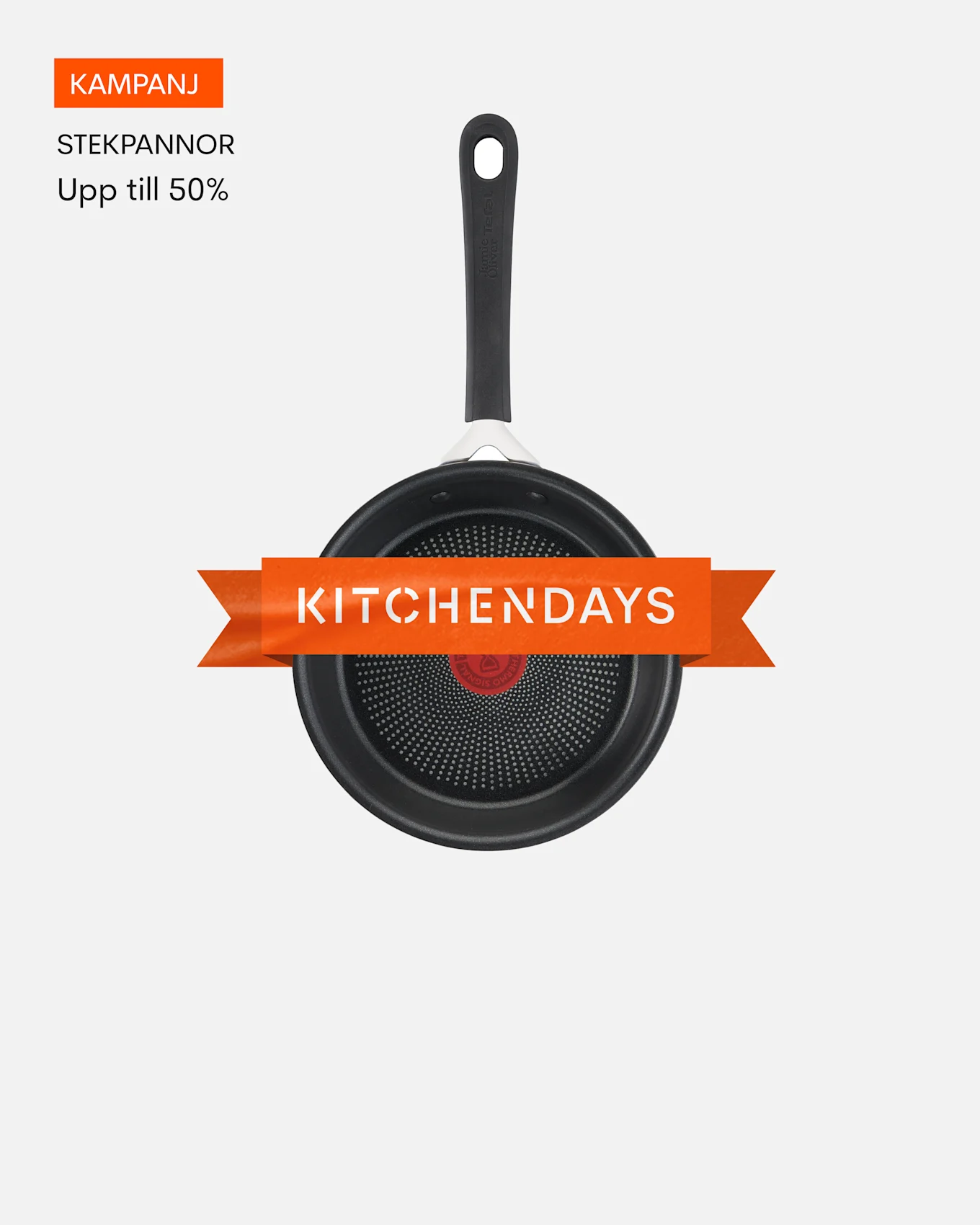 Svart stekpanna med non-stick-beläggning, med ett orange band som säger KITCHENDAYS. Överst till vänster står "KAMPANJ STEKPANNOR Upp till 50%".