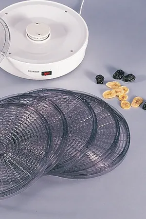 En vit frukttork med flera transparenta torkbrickor och högar av torkade bananer och katrinplommon.