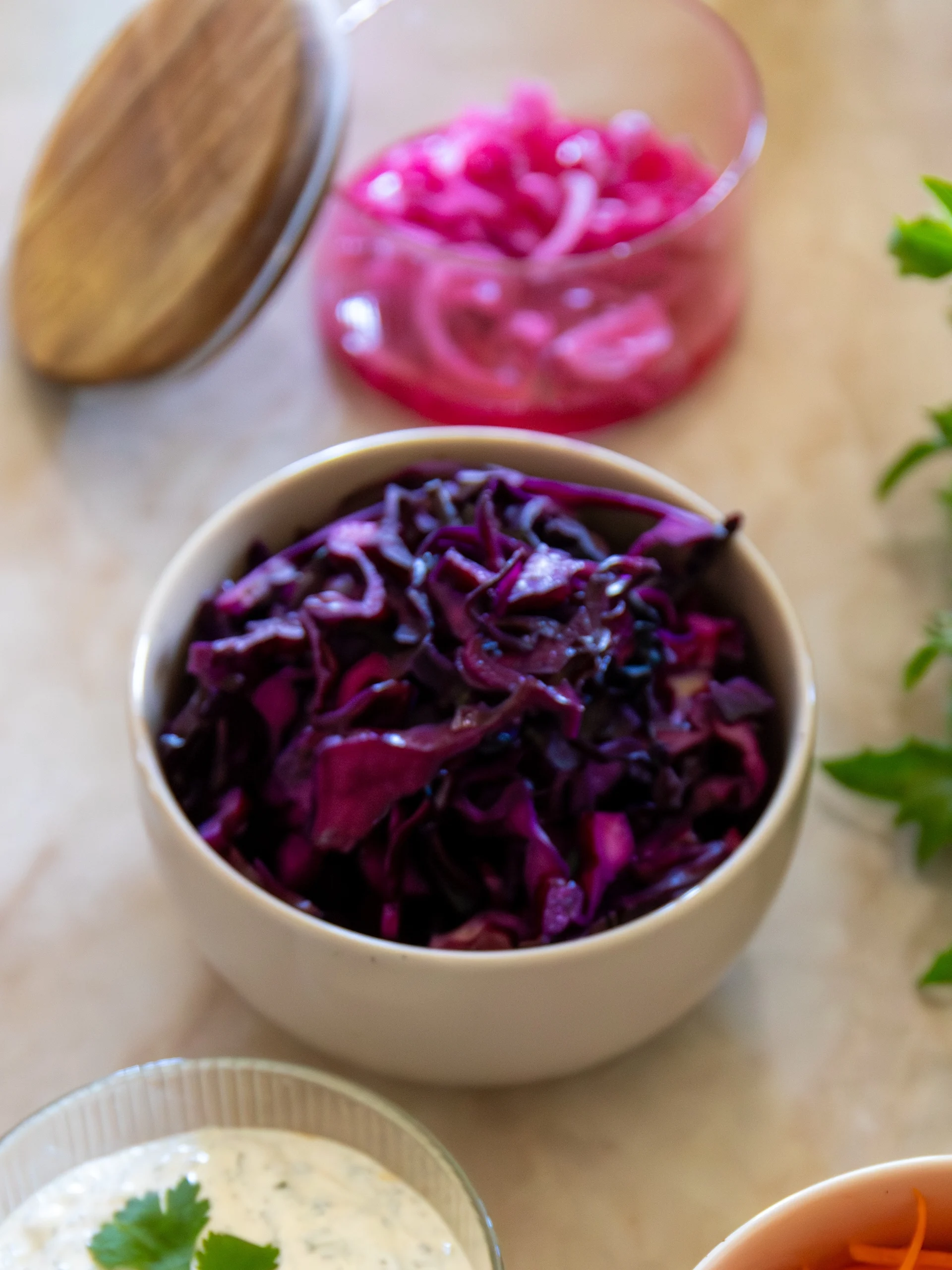 En skål mörklila strimlad kål, med suddiga rosa inlagda lökar i bakgrunden och en vit sås till vänster.