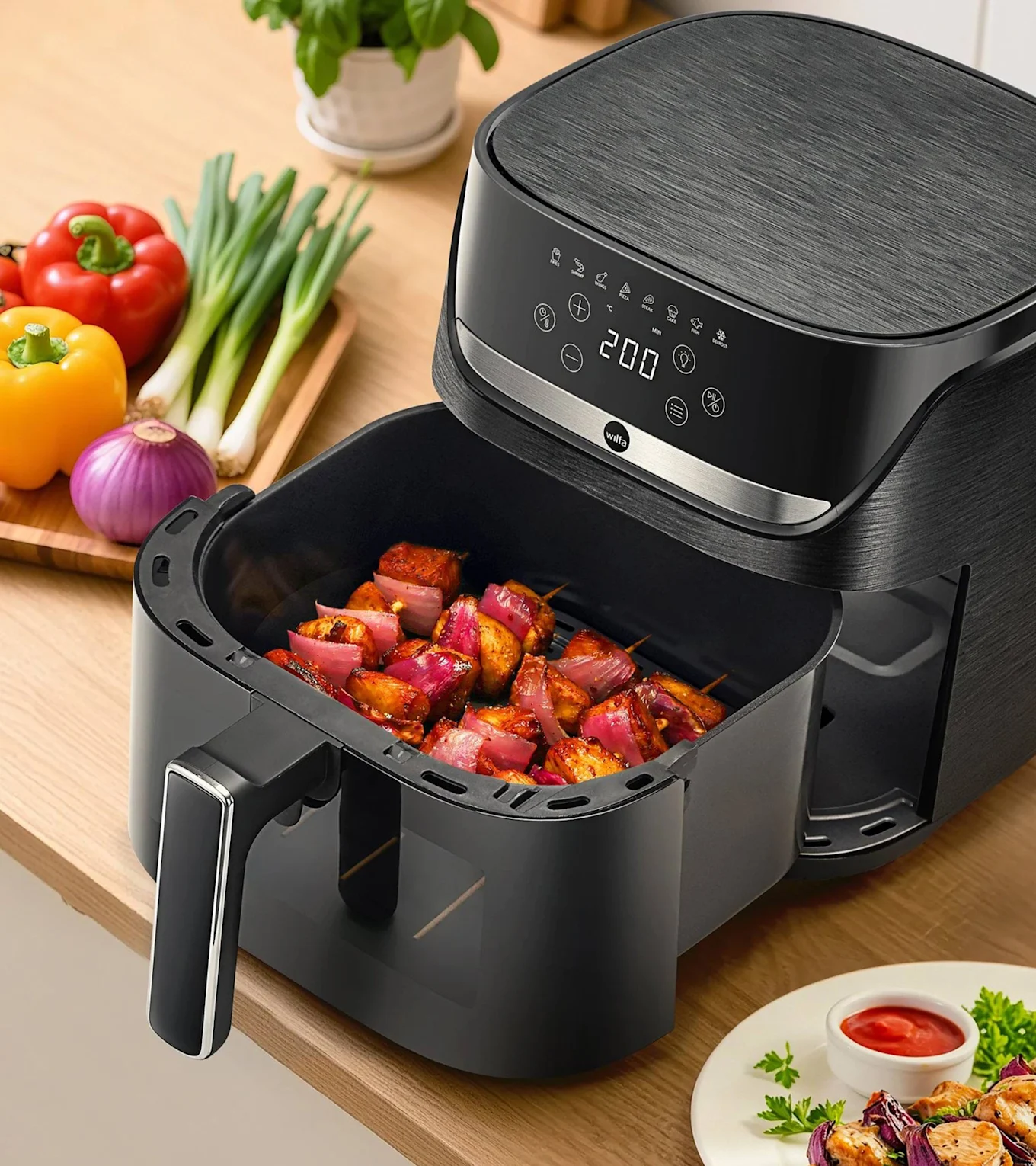 Svart airfryer med kyckling- och rödlöksspett, omgiven av färska grönsaker på en träbänk.