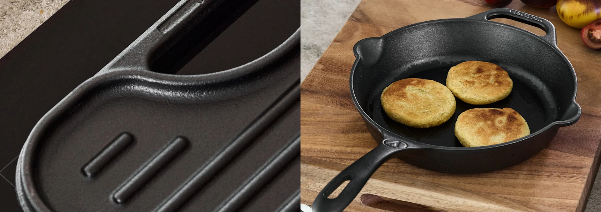 Vänster: Närbild av en svart gjutjärnsgrillpress med räfflor. Höger: Gjutjärnsstekpanna med tre gyllenbruna flatbröd på en träskärbräda.