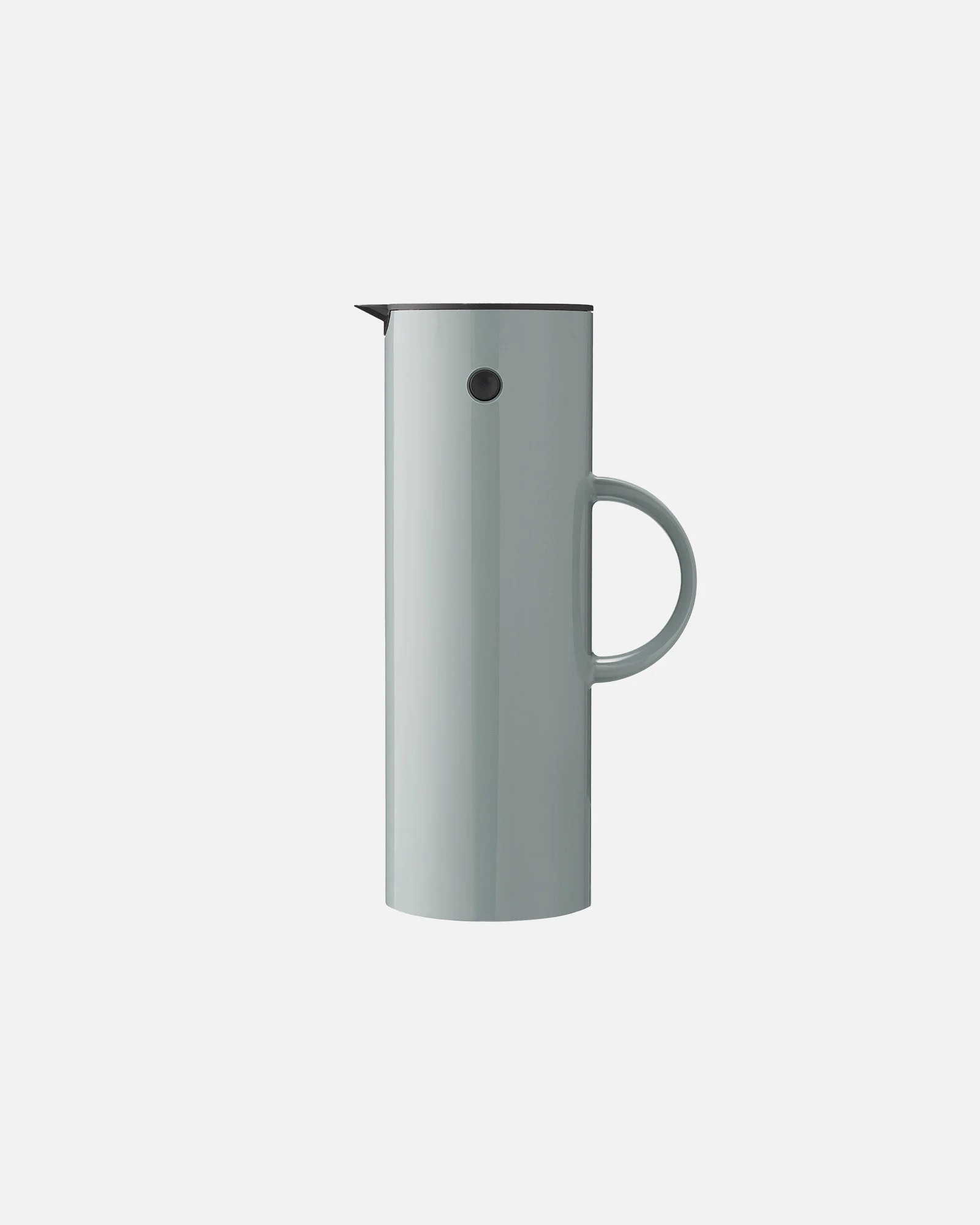 Ljusgrön cylindrisk termos med svart lock, ett D-format handtag och en svart knapp.